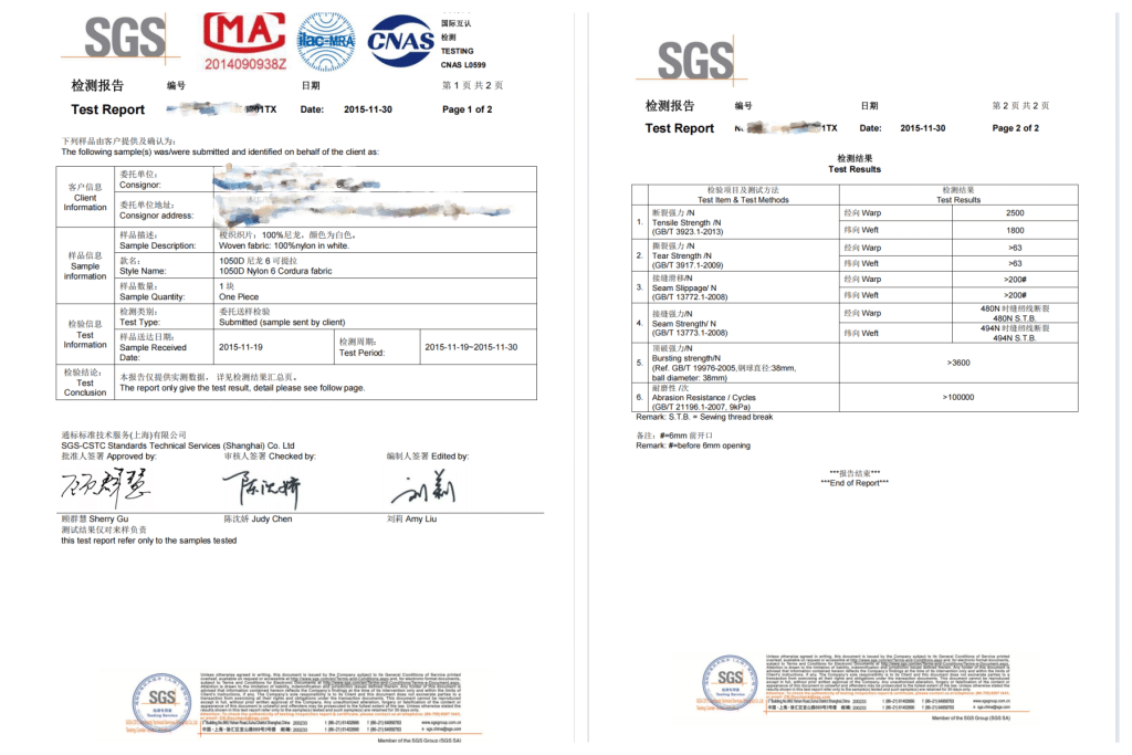 Nylon 6 1000D Cordura Fabric Test report-SGS CNAS