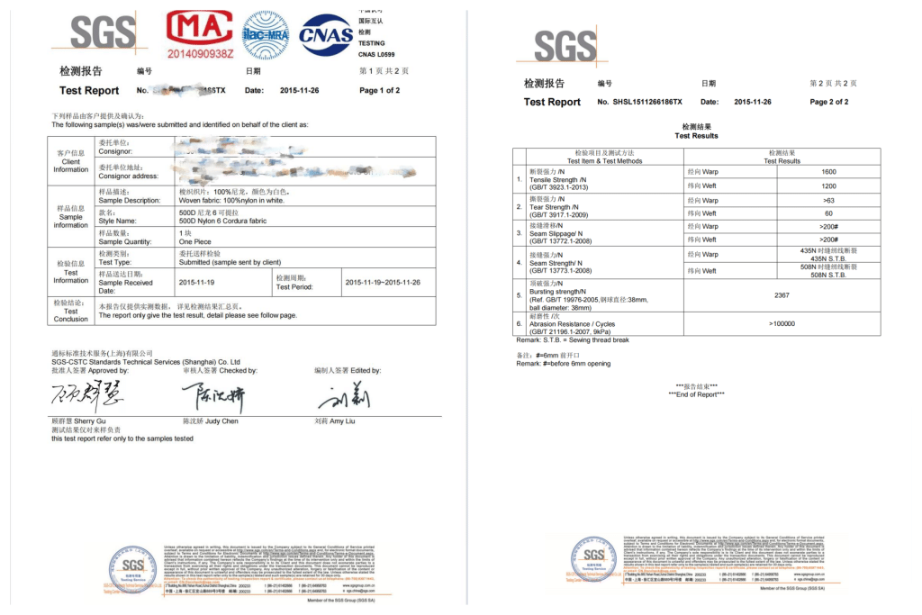 Nylon 6 500D Cordura Fabric Test report-SGS CNAS