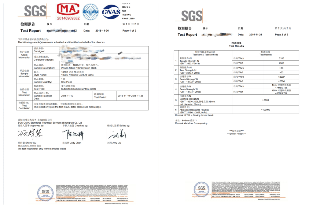 Nylon 66 1000D Cordura Fabric Test report-SGS CNAS