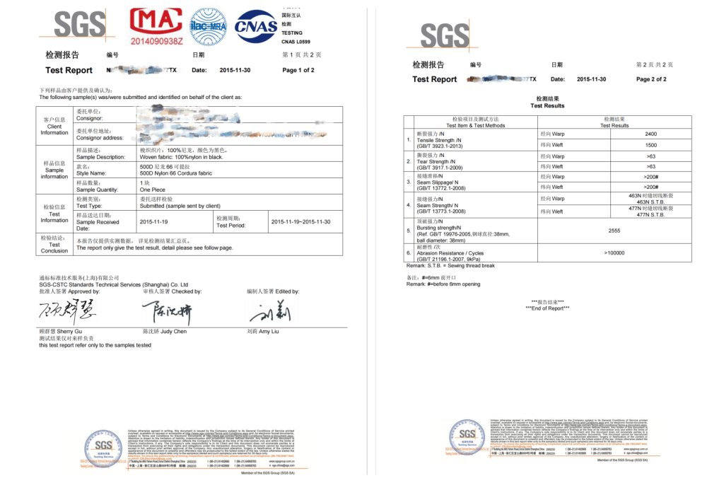 Nylon 66 500D Cordura Fabric Test report-SGS CNAS